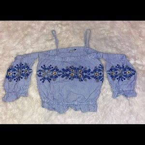 Blue/white stripped off the shoulder w/ flowers